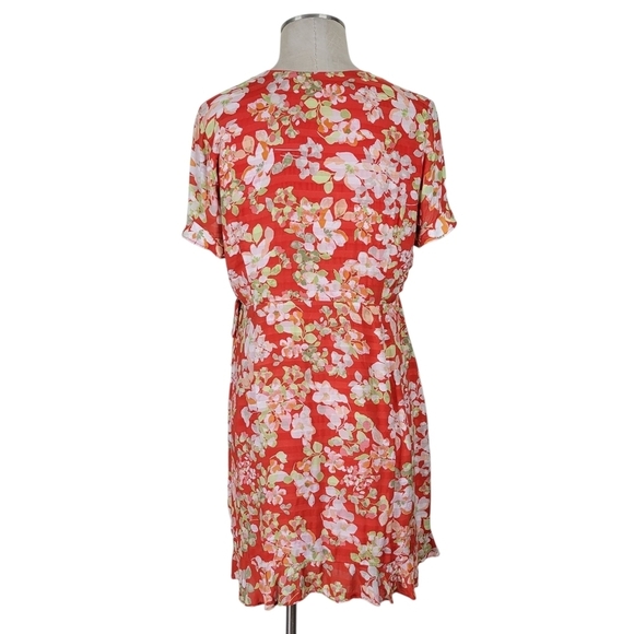 J Jill Wrap Dress Size M Petite Orange Floral Ruffled V Neck Short Sleeve Lined - Picture 9 of 16